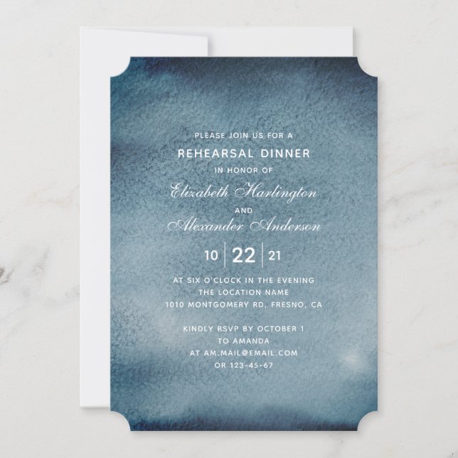 Invitación Cena de ensayo azul. Marina acuarela moderna (Anverso)