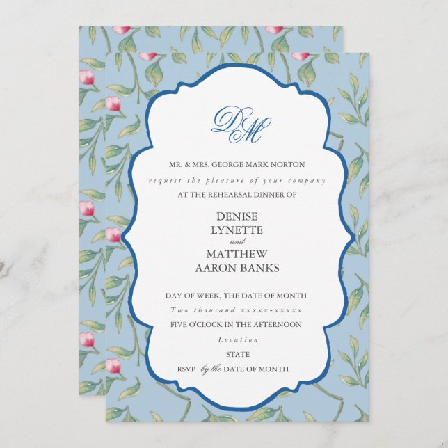 Invitación Cena de ensayo azul Omphalodes (Anverso / Reverso)