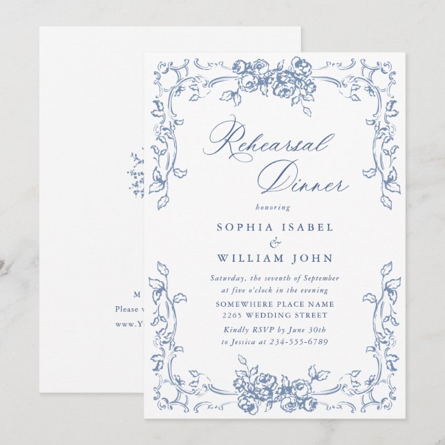 Invitación Cena de ensayo azul oscilante en órnate renacentis (Anverso / Reverso)