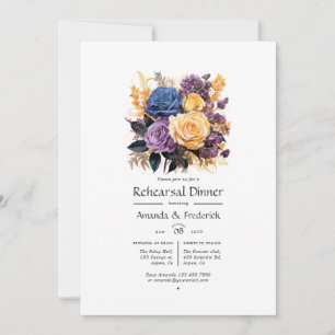 Invitación Cena de ensayo azul, púrpura, dorado y negro