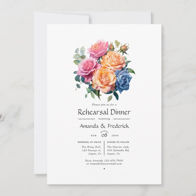 Invitación Cena de ensayo azul, rosa, Naranja y verde (Anverso)