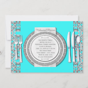 Invitación Cena de Ensayo Azul Teal Plateada Elegante