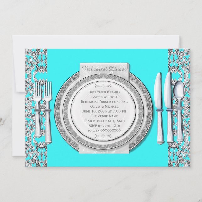 Invitación Cena de Ensayo Azul Teal Plateada Elegante (Anverso)