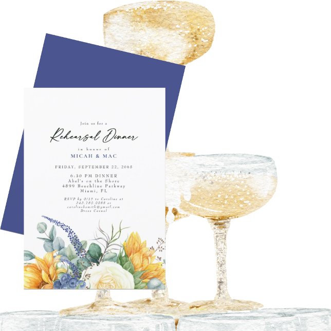 Invitación Cena de ensayo azul toscano floral de girasol (Subido por el creador)