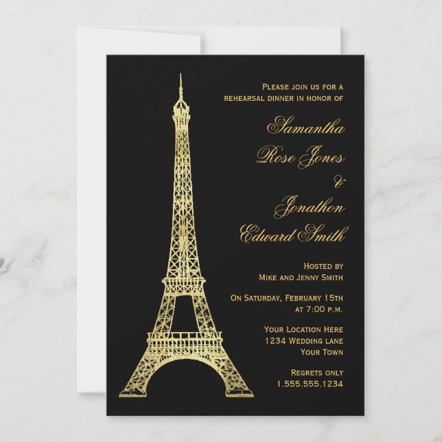 Invitación Cena de ensayo Black Gold de la Torre Eiffel paris (Anverso)