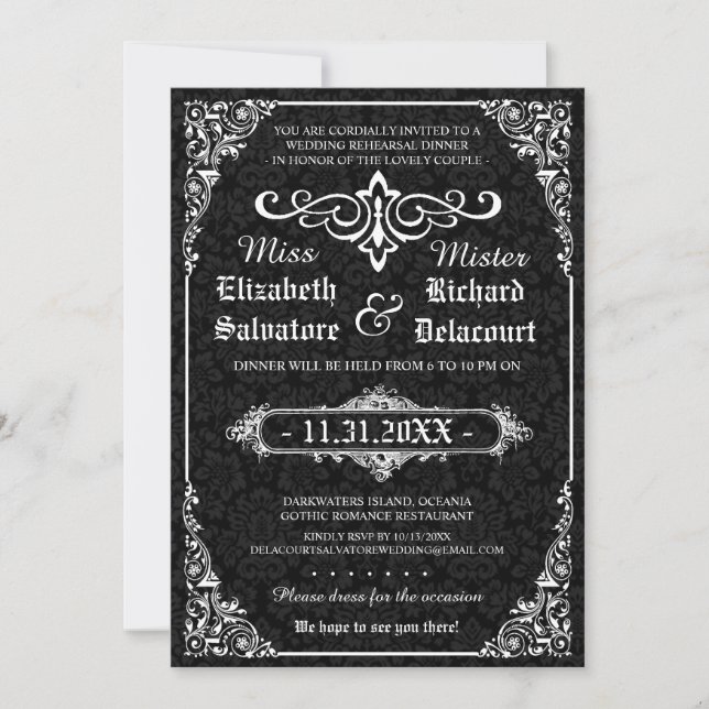 Invitación Cena de ensayo Black Gothic Victorian Damask (Anverso)