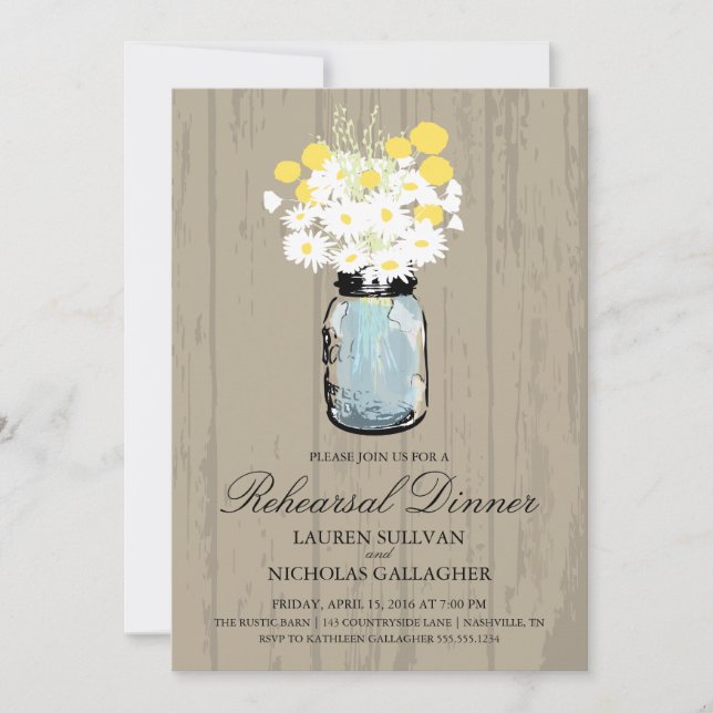 Invitación Cena de ensayo Blue Mason Jar y Daisies (Anverso)