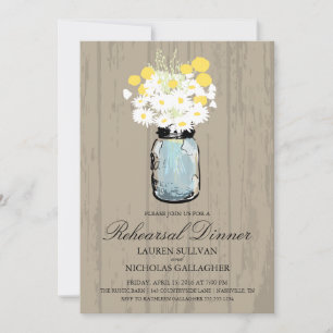 Invitación Cena de ensayo Blue Mason Jar y Daisises