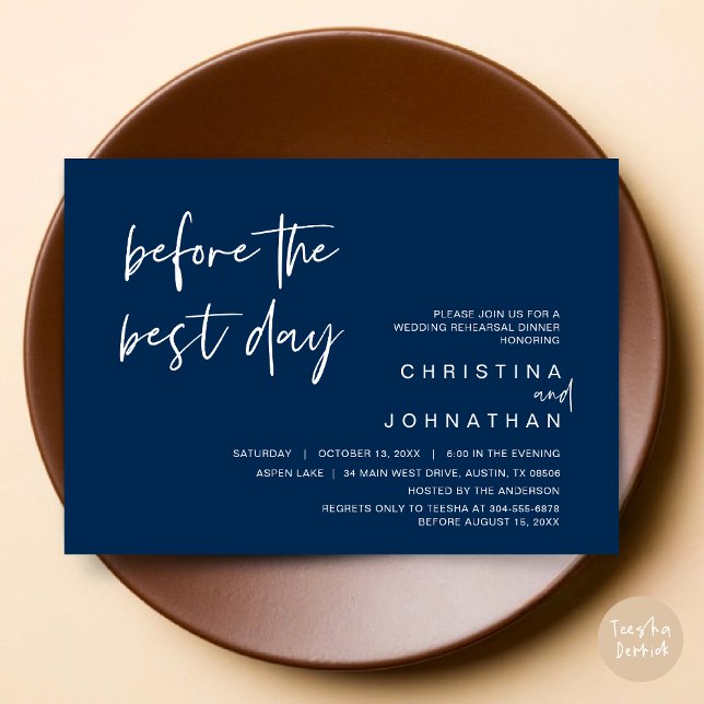 Invitación Cena de ensayo boda, antes del mejor día (Wedding Rehearsal Dinner, Lunch, Brunch, Before the Best Day Invitation Card, PDF, Navy Blue)