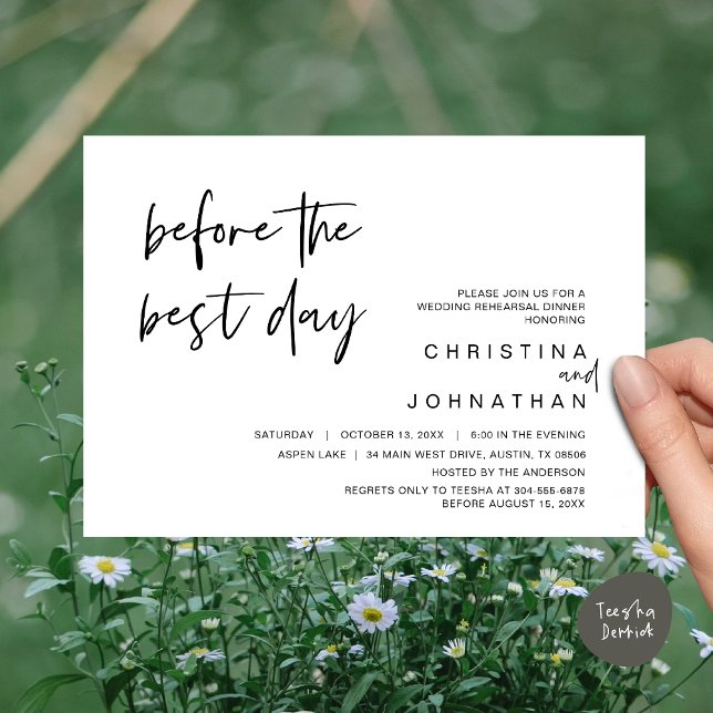 Invitación Cena de ensayo boda, antes del mejor día (Wedding Rehearsal Dinner, Lunch, Brunch, Before the Best Day Invitation Card, PDF, White Black)