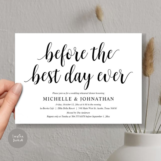 Invitación Cena de ensayo boda, antes del mejor día de la his (Before the best day ever, wedding rehearsal dinner invitation card, PDF, in Black and white)