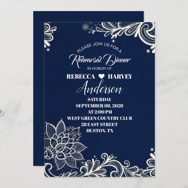 Invitación cena de ensayo boda azul marino (Anverso / Reverso)