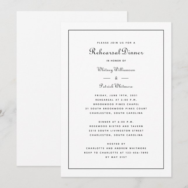 Invitación Cena de ensayo Boda blanco y negro elegante (Anverso / Reverso)
