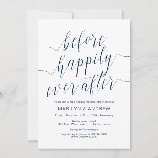 Invitación Cena de ensayo boda, caligrafía azul de la marina (Anverso)