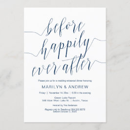 Invitación Cena de ensayo boda, caligrafía azul de la marina
