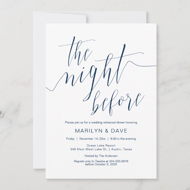 Invitación Cena de ensayo Boda, caligrafía azul marina (Anverso)