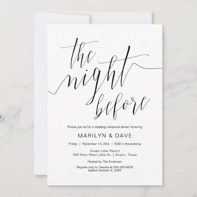 Invitación Cena de ensayo Boda, caligrafía simple negra (Anverso)