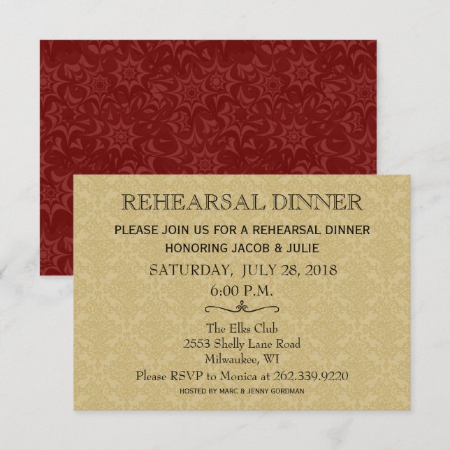 Invitación Cena de ensayo boda / Damasco de oro y marrón (Anverso / Reverso)