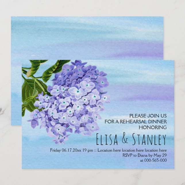 Invitación Cena de ensayo boda de hortensias azules (Anverso / Reverso)