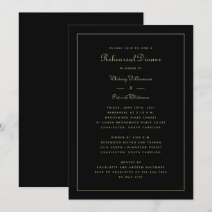 Invitación Cena de Ensayo Boda Elegante Negro y Dorado
