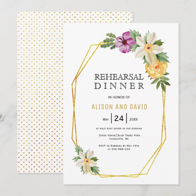 Invitación Cena de ensayo boda floral de polígono geométrico (Anverso / Reverso)