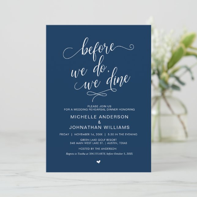 Invitación Cena de ensayo boda, guión azul de la marina simpl (Anverso de pie)