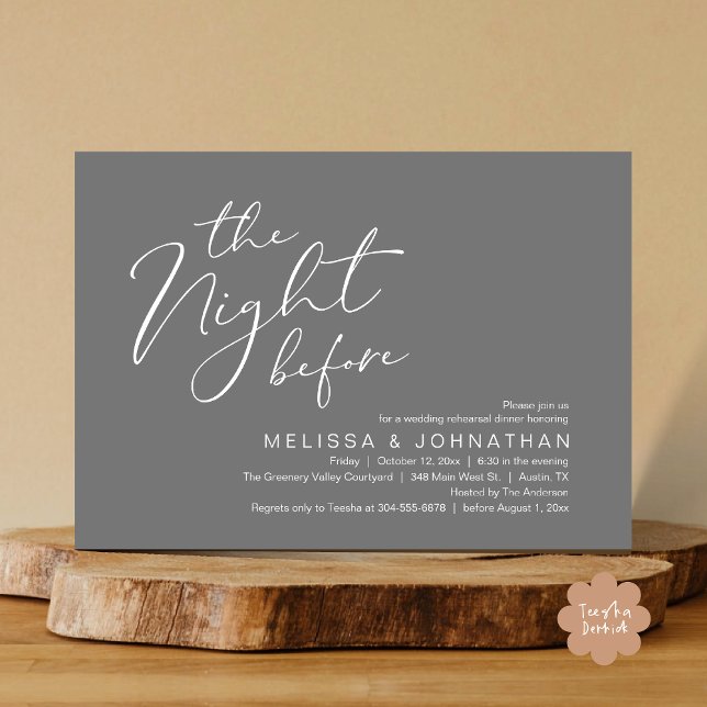 Invitación Cena de ensayo boda la noche anterior (The Night Before Romantic Modern Wedding Rehearsal Dinner Aesthetic Invites PDF Classy Dark Grey)