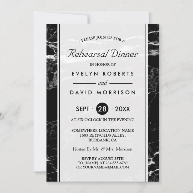 Invitación Cena de ensayo boda Mármol blanco negro moderno (Anverso)