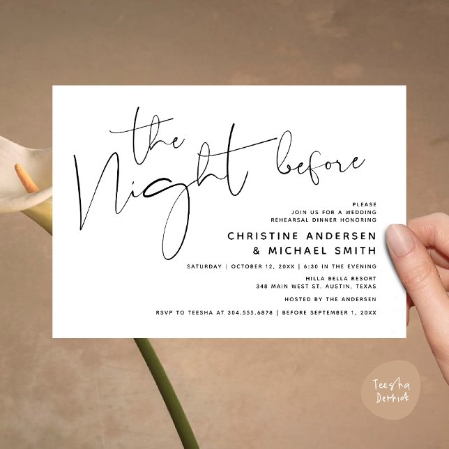 Invitación Cena de ensayo Boda moderna, la noche anterior (Modern Wedding Rehearsal Dinner, The Night Before Invitation Card Minimalist Beautiful White Black)
