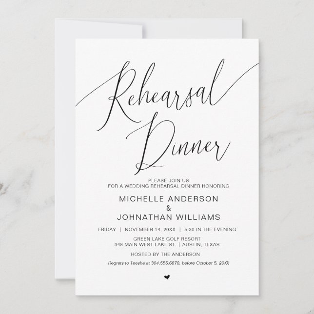 Invitación Cena de ensayo boda, negro moderno simple (Anverso)