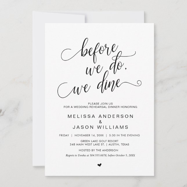Invitación Cena de ensayo Boda, negro simple y elegante, (Anverso)