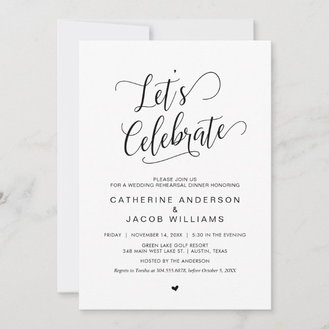 Invitación Cena de ensayo Boda, negro simple y elegante, (Anverso)