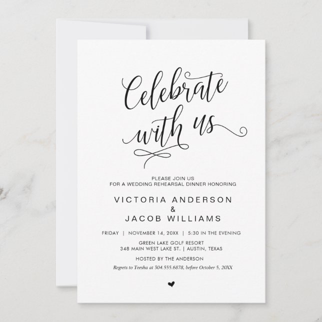 Invitación Cena de ensayo Boda, negro simple y elegante, (Anverso)