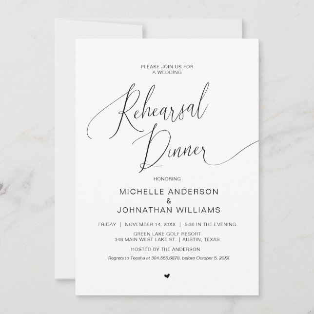 Invitación Cena de ensayo boda, negro simple y moderno invi (Anverso)