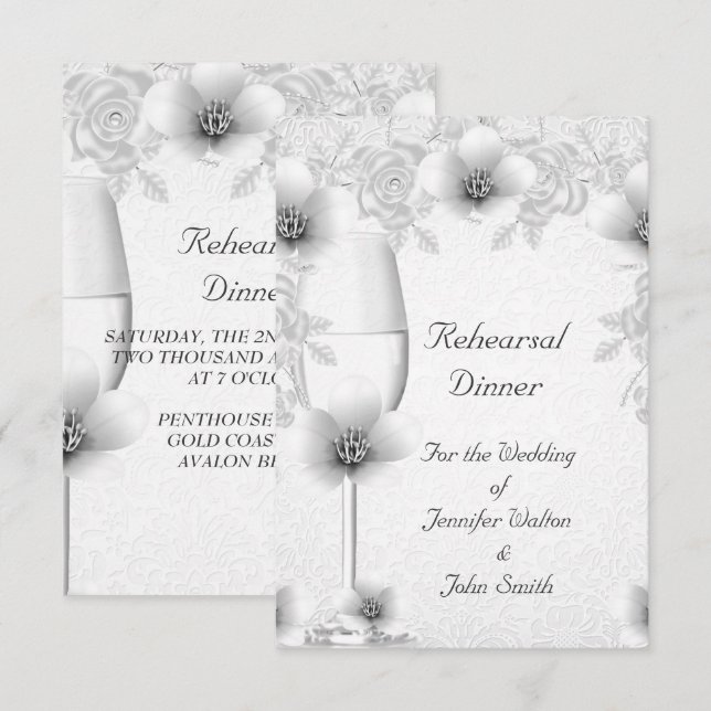Invitación Cena de Ensayo Boda Plata Rosa Blanca Flor (Anverso / Reverso)