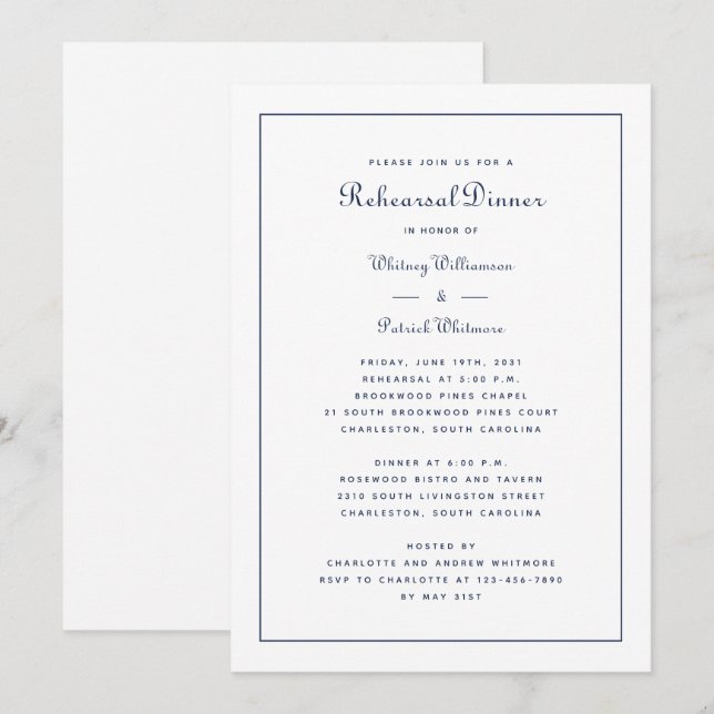 Invitación Cena de Ensayo Boda Script Elegante Azul Marino (Anverso / Reverso)