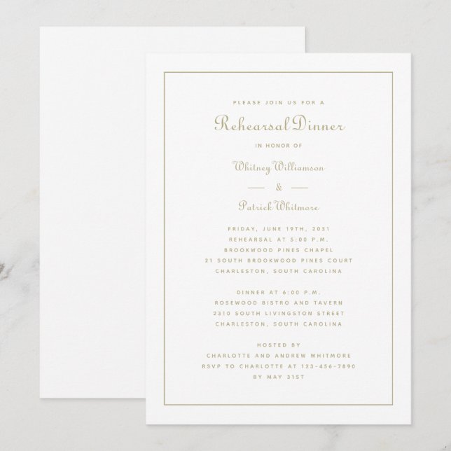 Invitación Cena de Ensayo Boda Script Elegante Dorado Blanco (Anverso / Reverso)