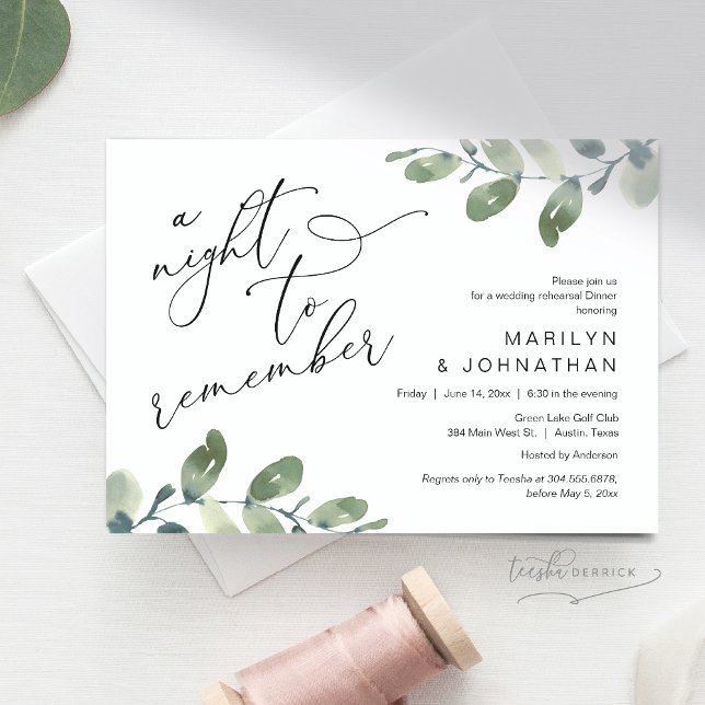 Invitación Cena de ensayo boda, vegetación eucaliptus (A Night To Remember, Wedding Rehearsal Dinner, Eucalyptus Greenery Invitation Card, Downloadable)