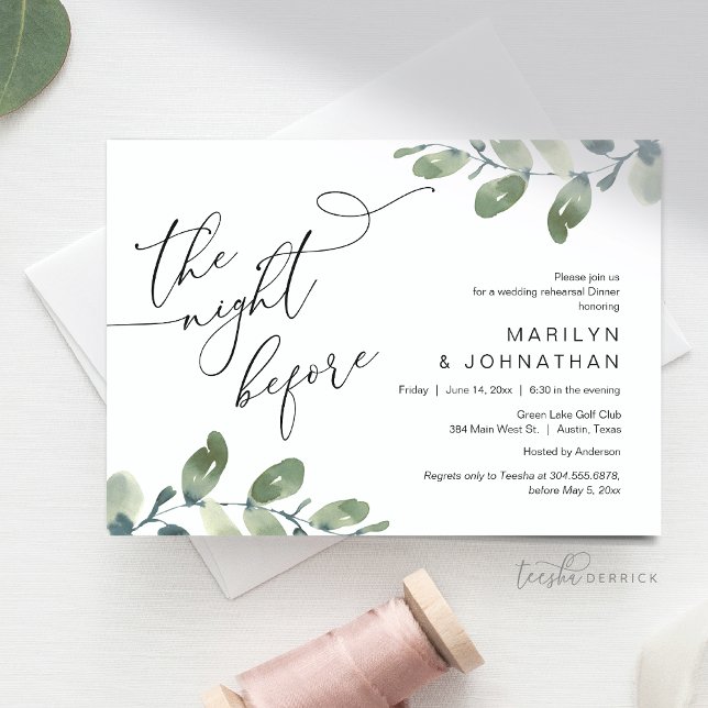 Invitación Cena de ensayo boda, vegetación eucaliptus (Wedding Rehearsal Dinner, Eucalyptus Greenery Invitation Card, The Night before, Modern Minimal)