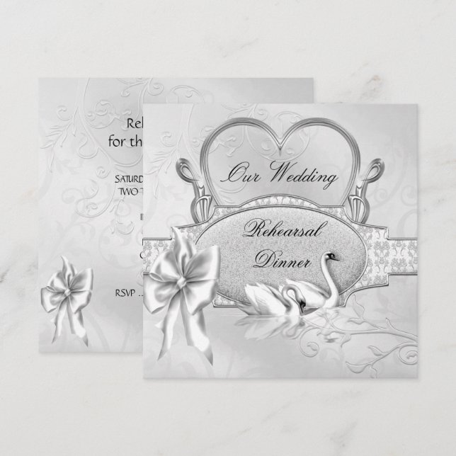 Invitación Cena de Ensayo Bodas Cisnes Corazón Plata Blanco (Anverso / Reverso)