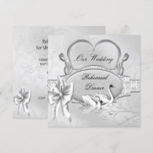Invitación Cena de Ensayo Bodas Cisnes Corazón Plata Blanco