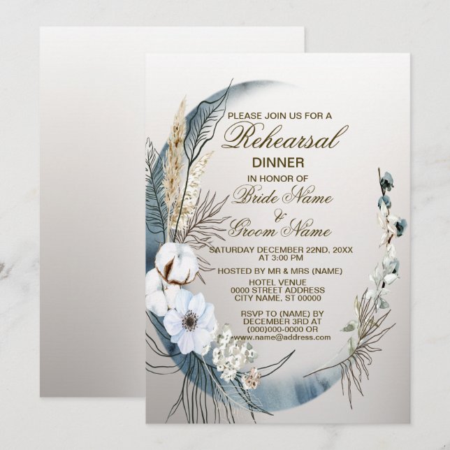 Invitación Cena de ensayo Boho Flor blanca Moon azul Fiesta (Anverso / Reverso)