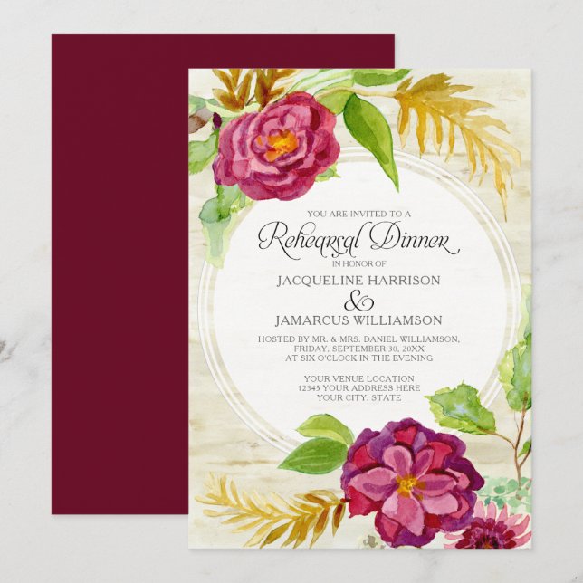 Invitación Cena de ensayo BOHO Rosas de la caída de flores de (Anverso / Reverso)