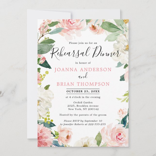 Invitación Cena de ensayo botánico de Rubor Pink Florals (Anverso)