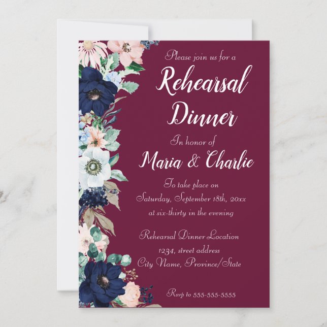 Invitación Cena de ensayo burgundy Elegant Florals (Anverso)