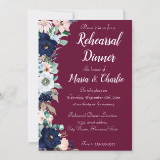 Invitación Cena de ensayo burgundy Elegant Florals