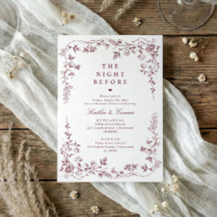 Invitación Cena de Ensayo Burgundy Rojo Vintage Floral Toile