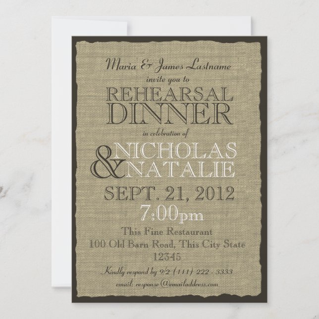 Invitación Cena de ensayo Burlap Look (Anverso)