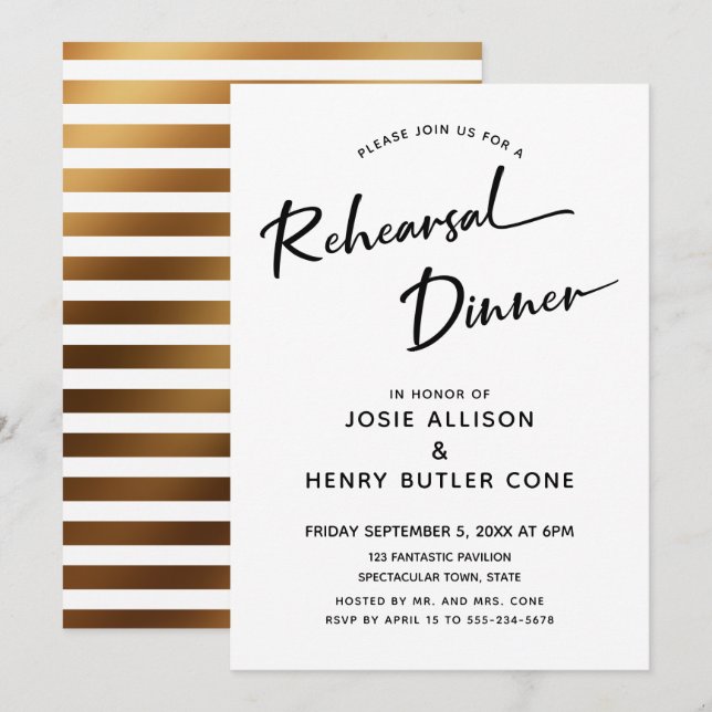 Invitación Cena de ensayo Caligrafía moderna, bandas de oro (Anverso / Reverso)