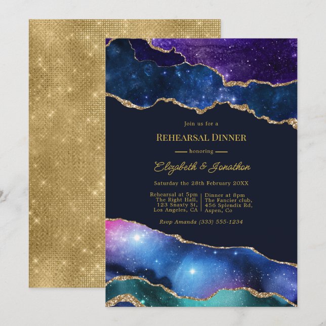 Invitación Cena de ensayo celestial de ágata de brillo falso (Anverso / Reverso)
